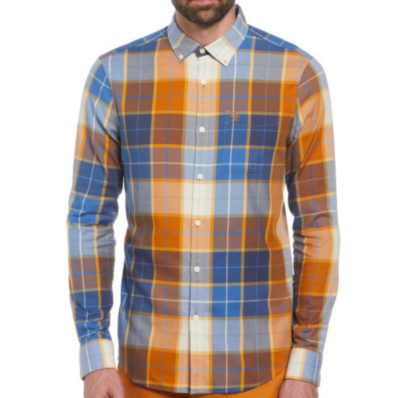 Camisa manga larga blend cuadros elástica naranja