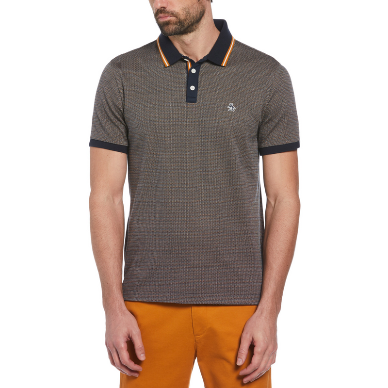 Polo jacquard marrón con ribete naranja