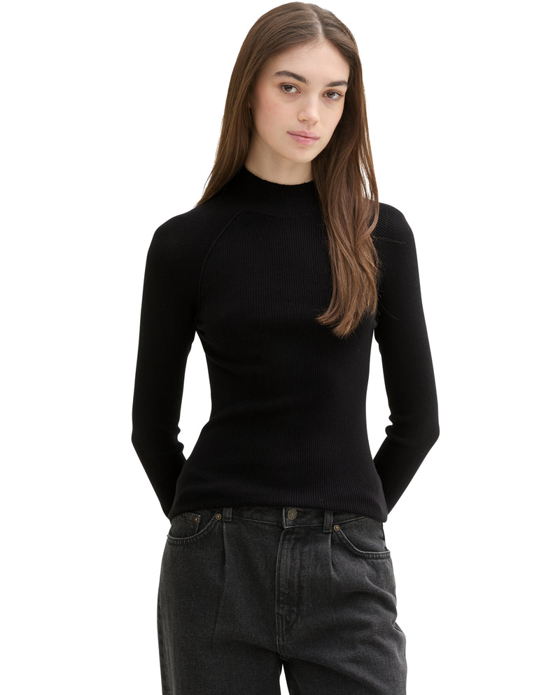 Jersey de mujer liso con cuello Perkins negro